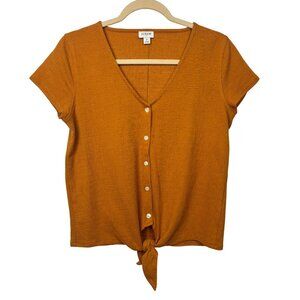 J.Crew S Carmel Mustard Button-Front Tie Hem Top Short Sleeve